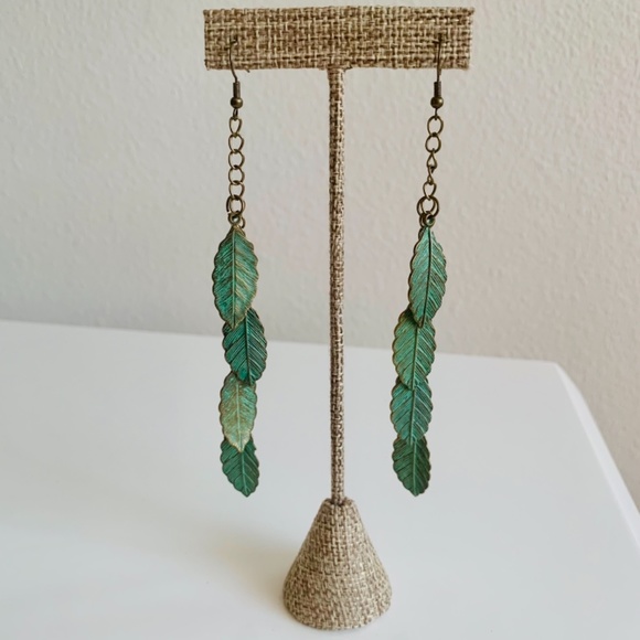 Mint Green~Bronze Quad Leaf Chain Earrings - Picture 4 of 4